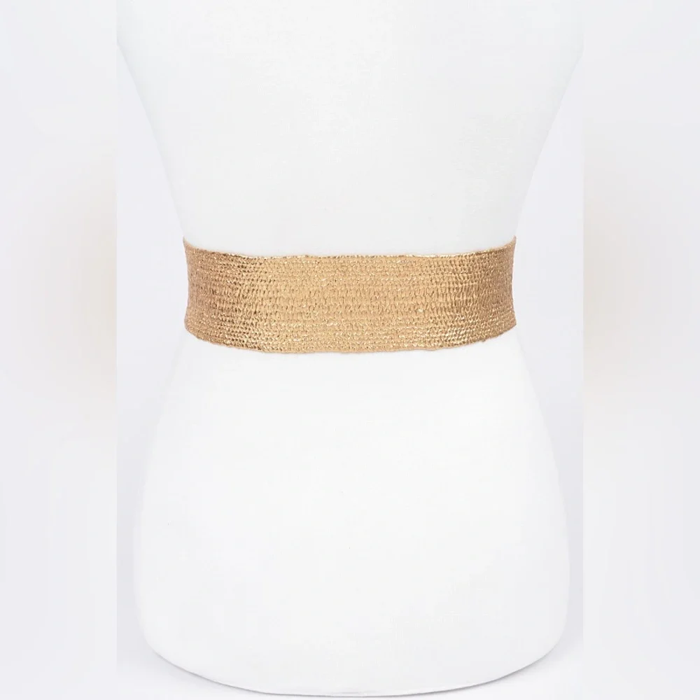 Plus Size Metallic Gold Straw Elastic Statement Belt